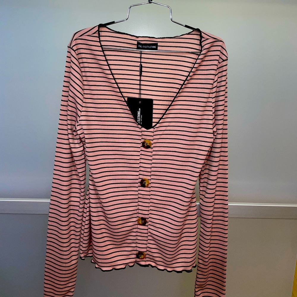 Pretty Little Thing| Pink and Black Button Striped V-neck Top *NWT*